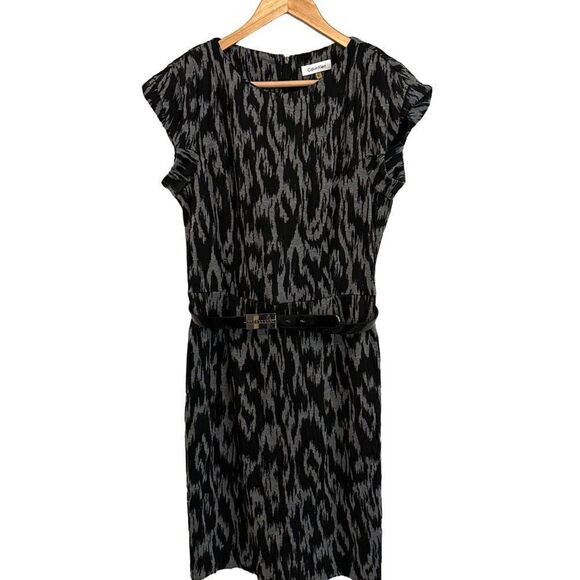 Calvin Klein Ikat Print Midi Dress Womens 10 Medium Black Gray Belted Office - Picture 1 of 9